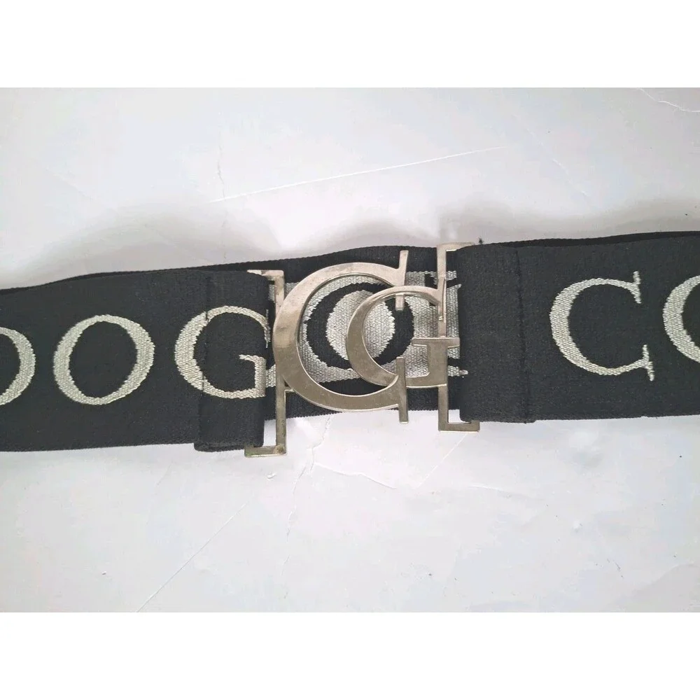 Vtg COOGI Elastic Belt Silver CG Logo Buckle Stretch Black Gray Y2K One Size